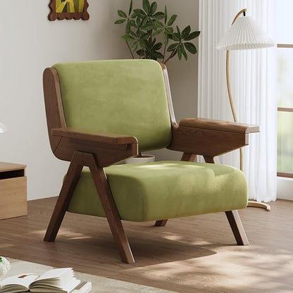 Mid Century Modern Accent Chair, Fabric Upholstered Lounge Arm Chair with Solid Wood Frame for Living Room, Bedroom, Office, Reading Corner (Green)