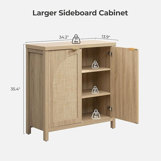 SICOTAS Rattan Sideboard Buffet Cabinet with Storage, Mid Century Modern Credenza Storage Cabinet with Arch Doors & Shelves Boho Coffee Bar Media Console Cabinets for Kitchen, Living Room, Entryway
