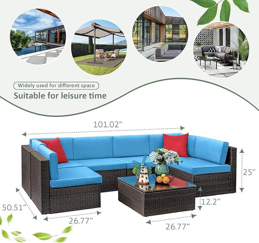 Devoko 7 Pieces Outdoor Sectional Sofa Patio Furniture Sets Manual Weaving Wicker Rattan Patio Conversation Sets with Cushion and Glass Table (Blue)