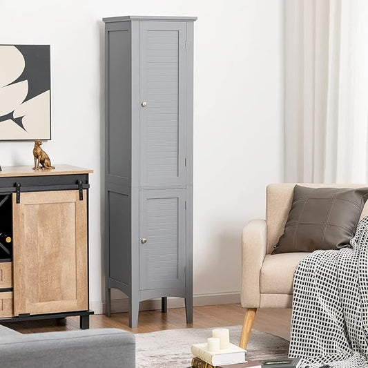 COSTWAY Tall Bathroom Storage Cabinet, 5-Tier Freestanding Linen Tower Cabinet with 2 Doors, Wooden Side Storage Organizer, Narrow Slim Floor Cabinet for Bathroom, Living Room, Kitchen (Grey)