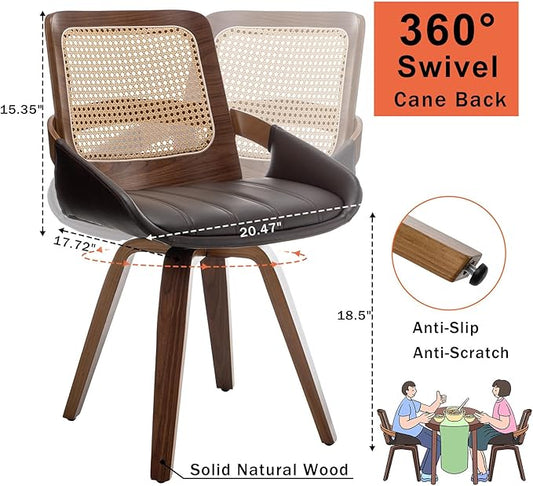 Set of 4 Mid Century Modern Chairs - Swivel Retro Walnut Dining Chairs with Ergonomic Cane Back, Curved Arms, Faux Leather Dining Chairs for Restaurant/Kitchen/Living Room (Walnut Brown)