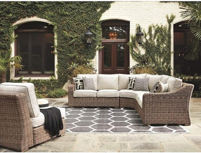 Signature Design by Ashley Beachcroft Outdoor Curved Corner Chair with Cushion, 2 Pillows, Performance Fabric, Resin Wicker, 18.5" Seat Height, Beige
