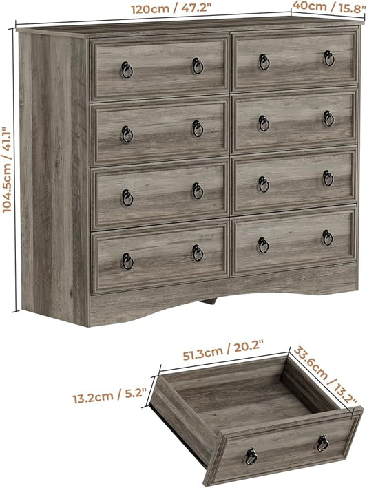 8 Drawer Dresser for Bedroom, Large Dressers & Chests of Drawers, TV Stand for 55 inch, Storage Organizer Furniture, Hallway, Entryway, Closet, Brownish Grey
