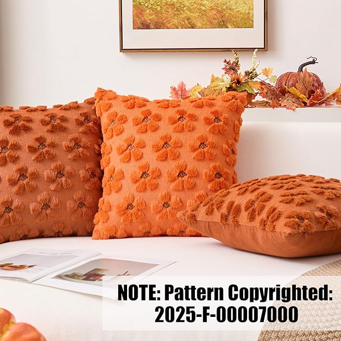 Kevin Textile Fall Floral Pillow Covers 18x18 Inch Set of 2 Cute Flowers Embroidery Decor Soft Plush Faux Fur Throw Pillows Pillowcases for Holiday Harvest Decor Sofa Couch Bedroom, Orange
