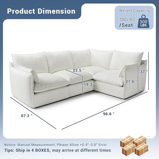 Cloud Modular Sectional Sofa, Waterproof Down Filled Sectional Sofas, High Backrest 4 Seater Sectional Couches for Living Room, Modern Modular Couch with Removable Cover, Cream White