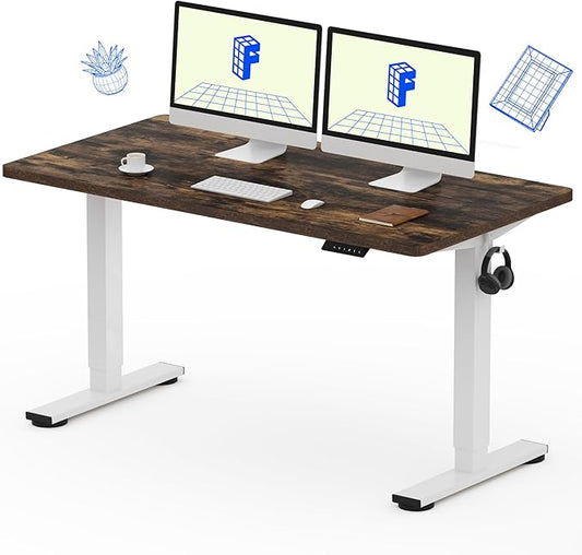 FLEXISPOT EN1 One-Piece Standing Desk, 55 x 28 Electric Height Adjustable Sit Stand Desk for Home Office (White Frame + 55" Rustic Top, 2 Packages)