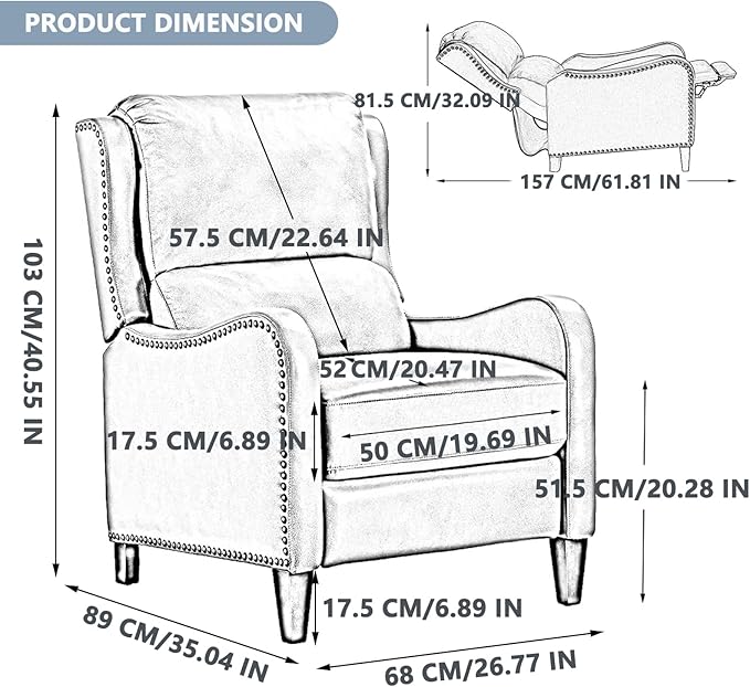 Pushback Recliner Chair, PU Leather Push Back Armchair, Upholstered Recliner Chair 105-135 Degree Adjustable, Retro Accent Chair for Living Room Bedroom - Gray