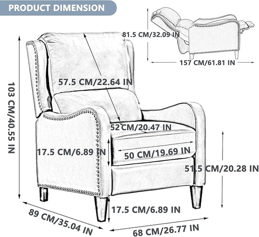 Pushback Recliner Chair, PU Leather Push Back Armchair, Upholstered Recliner Chair 105-135 Degree Adjustable, Retro Accent Chair for Living Room Bedroom - Brown