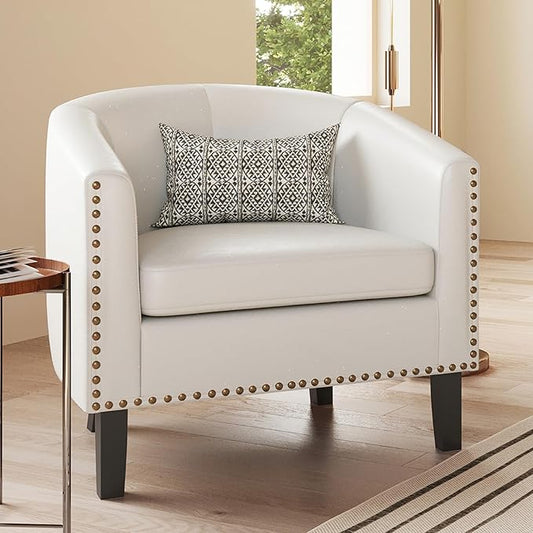 BELLEZE Accent Barrel Chair, Modern Tub Club Chair Upholstered Armchair for Living Room, Faux Leather Chair with Gold Nail Head Trim Black Legs - Kyara (White)
