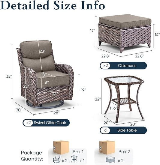Belord Luxury 6" Thick Cushioned 5 Pieces Patio Furniture Set with 2 Ottomans, Wicker Outdoor Conversation Set with High Back Swivel Rocker Patio Chairs for Deck Porch Yard and Poolside - Brown+Grey