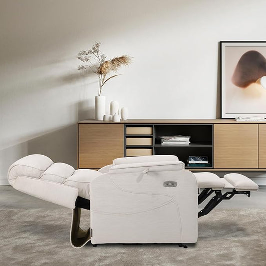 EONIX Dual Motor Lay Flat Power Lift Recliner Chair for Elderly, Chenille Fabric Electric Lift Chairs for Adults, 400lbs Heavy Duty Power Recliner with Heat Massage Charging Ports, Chenille White