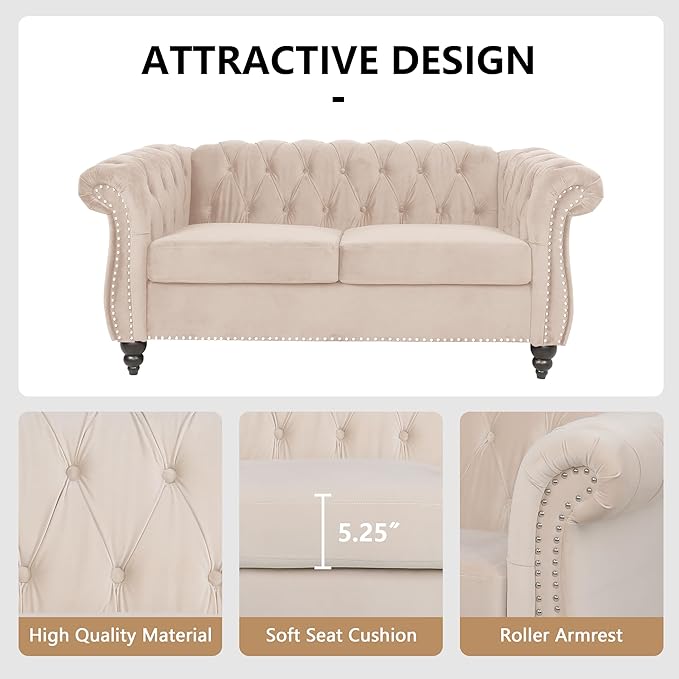 Living Room Velvet Sofa and Loveseat set, Mid Century Modern Upholstered Couch with Cushions, 2-Piece Home Sofa Furniture Sets, Comfy Tufted Chesterfield Couches for Living Room, Bedroom, Office