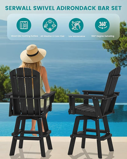 SERWALL Swivel Adirondack Bar Chairs Set of 2, HDPE Outdoor Swivel Barstools Chairs Set of 2 for Bistro, Poolside, Garden, Black