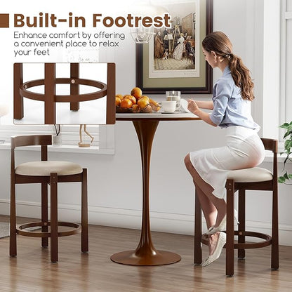 COSTWAY 24” Counter Height Bar Stools Set of 2, Linen Upholstered Bar Chairs with Backrests and Footrests, Wood High Barstools for Kitchen Island and Dining Room (Walnut)