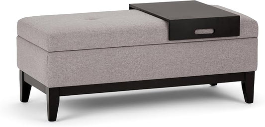 SIMPLIHOME Oregon 42 inch Wide Contemporary Rectangle Storage Ottoman Bench with Tray in Cloud Grey Linen Look Fabric, Assembled, For the Living Room, Entryway and Family Room