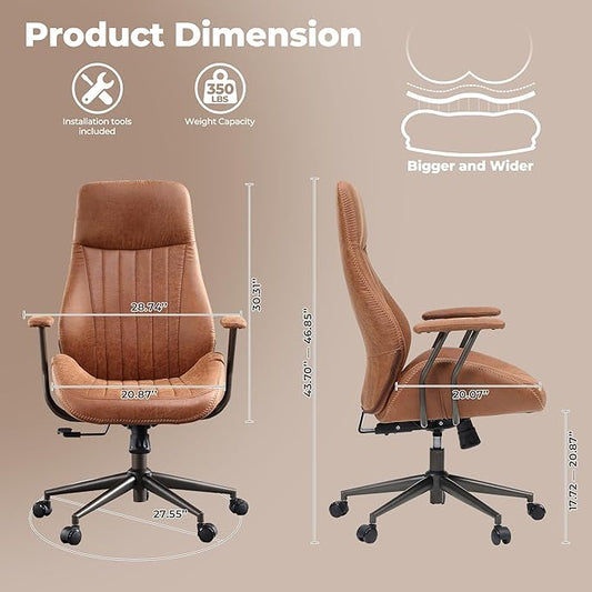 ovios Home Office Ergonomic Chair, Mid-Century Modern Luxury Faux Suede Leather Chairs, Comfy High Back Computer Swivel Rolling Task Armchair for Executive, Brown