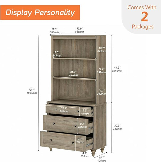 WAMPAT 72" Tall Bookcase Large Display Book Case Shelf with 3-Tier Open Book Shelfs, 3 Tier Farmhouse Style Bookshelf with 3 Drawers, Wood Bookshelves for Living Room or Study Room, Wash Grey