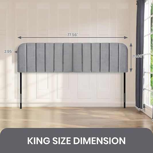 Upholstered Headboard - Striped Interval - Adjustable Height - Metal Legs - Bed Frame (Grey, King (U.S. Standard))