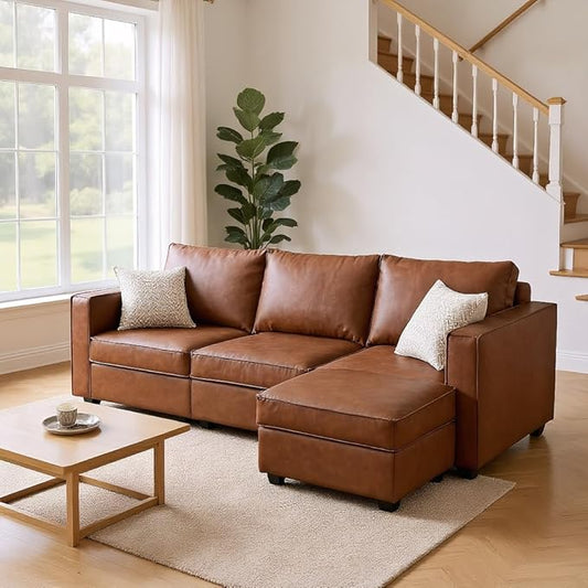 L Shaped Brown Leather, 90 Inches Cloud Modular Sectional Sofa, Modern Convertible Comfortable Sofa for Living Room/Apartment