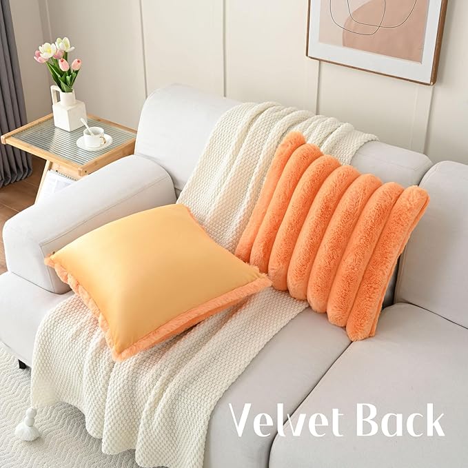 FUTEI Orange Decorative Throw Pillow Covers 24x24 Inch Set of 2, Square Soft Faux Rabbit Fur Thick Striped European Cushion Covers,Winter Home Decor for Couch Bed Living Room