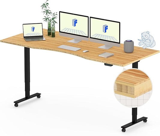 FLEXISPOT E6 MAX Bamboo 72x30 Inch Dual Motor 3-Stage Heavy Duty Standing Desk, 330lbs Weight Capacity, Height Adjustable Desk w/Cable Management & Wheels (Solid Bamboo Curved Desktop + Black Frame)