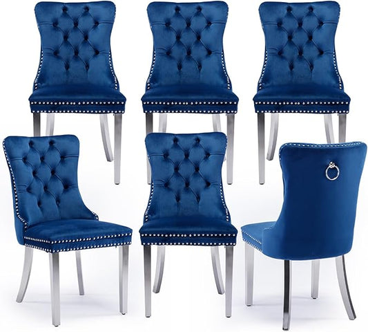 Velvet Upholstered Dining Chairs Set of 6, Modern Style Kitchen Side Chairs with Nailhead Trim and Silver Plated Leg, Metal Pulling Ring for Dining Room Living Room(Blue-Silver Plated Leg)