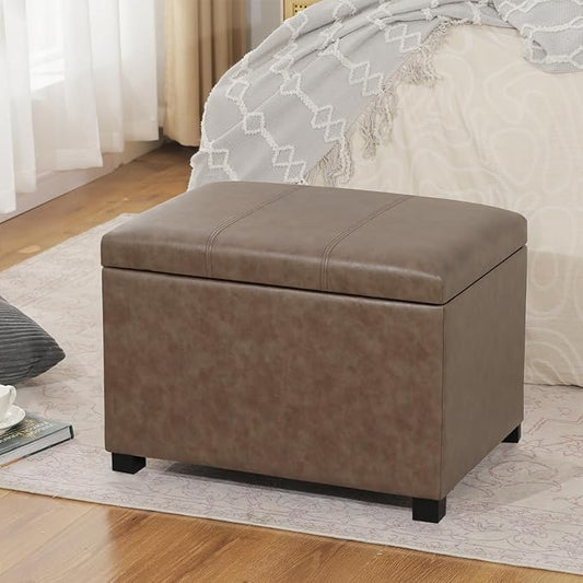 Asense Storage Ottoman Bench,Foot Stool Ottoman with Storage, Faux Leather Foot Rest Seat with Safety Hinge,Wood Legs Stool for Living Room, Bedroom,Enterway,Brown