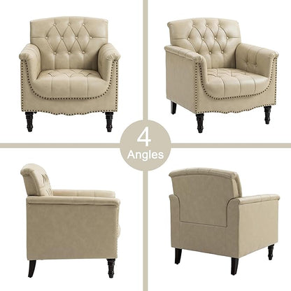 Lumibee Faux Leather Armchair, Contemporary Accent Chair with Nailhead Trims & Wood Legs for Living Room, Upholstered Comfy Arm Chair for Office,Bedroom-Beige