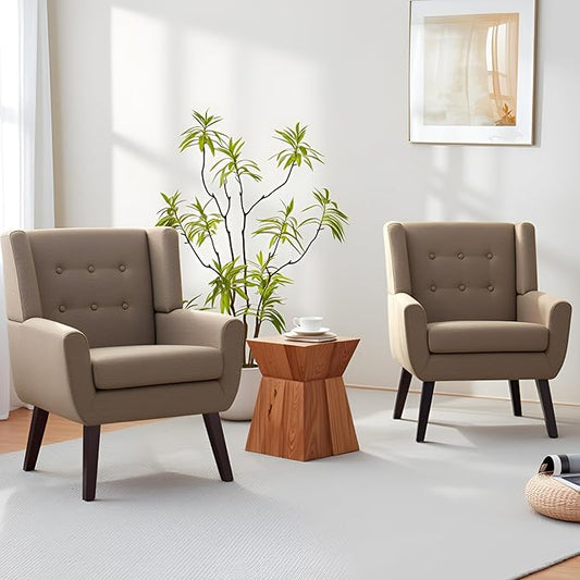 HUIMO Living Room Accent Chair Set of 2, Upholstered Button Tufted Armchair with Wooden Legs, Linen Fabric Sofa Chairs for Bedroom, Living Room, Mid-Century Modern Comfy Reading Chair (2 PCS, Brown)