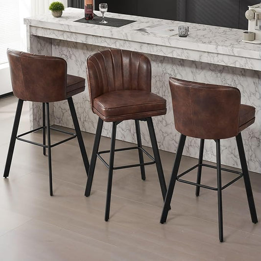 Swivel Counter Height Bar Stools Set of 3, 30'' Modern Barstools with Backs and Metal Legs, Upholstered Bar Chairs, Faux Leather Brown Stools for Kitchen Island Chairs
