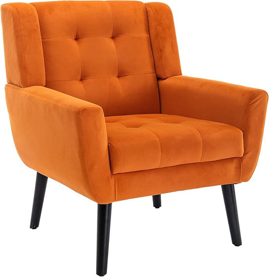 Dolonm Midcentury Modern Accent Chair with Arms, Upholstered Fabric Reading Side Chair Tufted Back Decorative Wingback Chair for Living Room Bedroom (Orange)