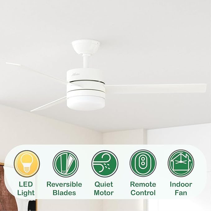 Hunter Fan 54 inch Contemporary Fresh White Indoor Ceiling Fan with Light Kit and Remote Control (Renewed)