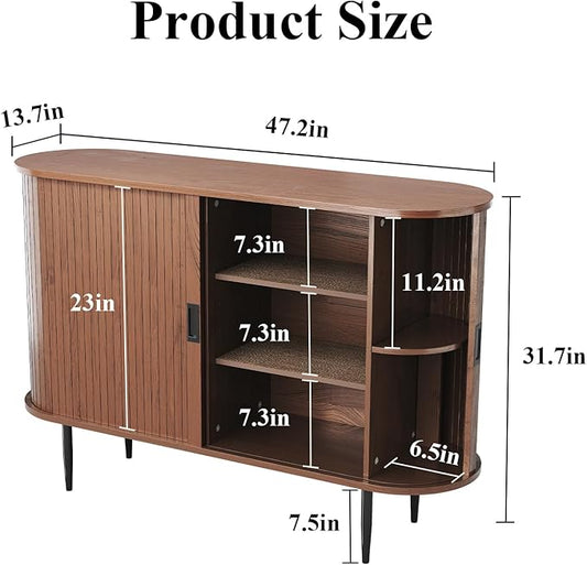ARTPOWER 47.2" Sideboard Buffet Cabinet with Tambour Door, 6 Heights Adjustable Shelves, Accent Console Cabinet with Storage, Modern Credenza for Living Room, Dining Room, Entryway, Walnut