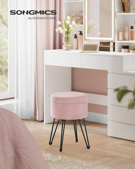 SONGMICS Vanity Stool Chair, Small Ottoman Stool with Storage, Vanity Chair, 15.4 Dia. x 17.4 Inches, 4 Metal Legs, for Makeup Room, for Living Room, Bedroom, Jelly Pink ULOM002R01