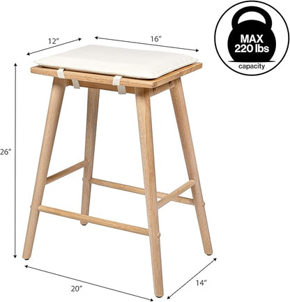 JONATHAN Y CSL2002B Peroni 26" MidCentury Classic Saddle-Seat Solid Wood/Vegan Leather Backless Counter Stool with Removeable Cushion for Pool, Deck, Poolside, Light Birch/Cream