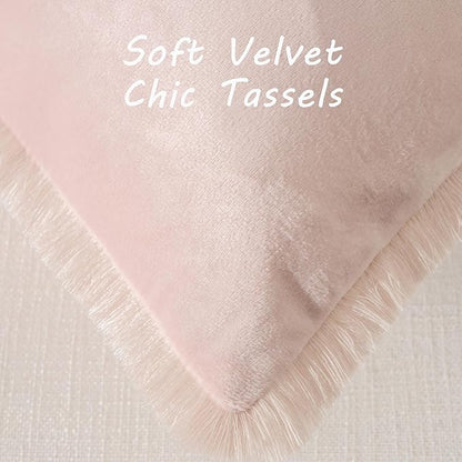 FUTEI Pink Velvet Decorative Throw Pillow Covers 26x26 Set of 2,Soft Cozy Edge with Tassels Euro Pillow Shams,Boho Modern Home Decor for Couch Bed Living Room