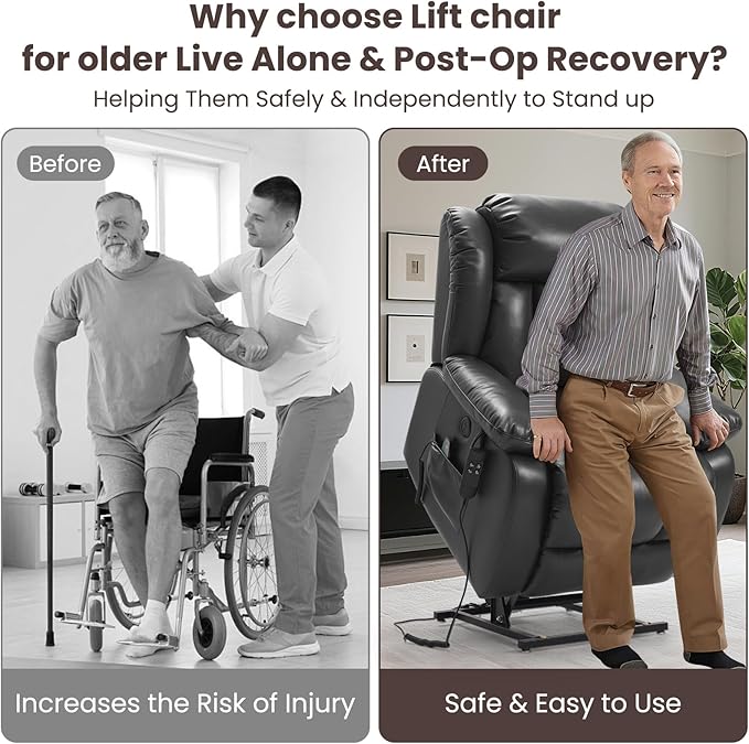 PARKOL Dual Motor Power Lift Recliner Chair for Elderly, 180-Degree Infinite Position Lay Flat Leather Recliner Chairs, with Massage and Heating, USB & Type-C Port and Remote (Ochre, Medium)