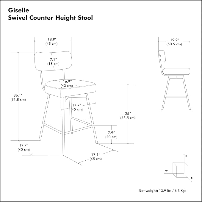 SIMPLIHOME Giselle Counter Stools (Set of 2) - 24 Inch Seat Height Swivel Upholstered Metal Kitchen Stools in Light Grey Polyester Linen, Contemporary Modern Seating with Padded Seat and Backrest