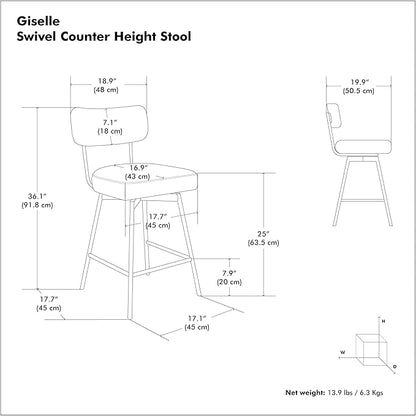 SIMPLIHOME Giselle Counter Stools (Set of 2) - 24 Inch Seat Height Swivel Upholstered Metal Kitchen Stools in Light Grey Polyester Linen, Contemporary Modern Seating with Padded Seat and Backrest