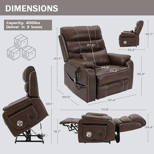 Power Lift Recliner Chair for Adults Elderly Lay Flat Leather Recliners with Massage Heating, Extended Footrest, Wireless Charging Device, USB Ports, Cup Holder, Lumbar Pillow, Up to 400LBS