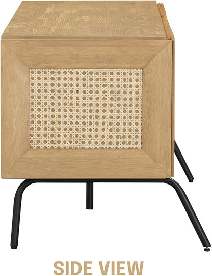 NTC Mossic TV Media Cabinet with 3 Doors for TVs, Entertainment Center with Natural Rattan, Metal Legs, Modern Storage Console for Living Room and Bedroom, Effortless Assembly, Sand