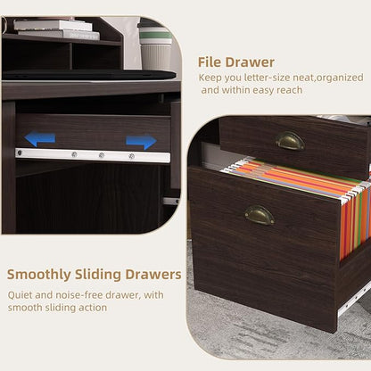 4 EVER WINNER Small Desk with Drawers, Office Desk with File Drawer and Monitor Stand, Writing Desk Study Table for Small Spaces, Espresso