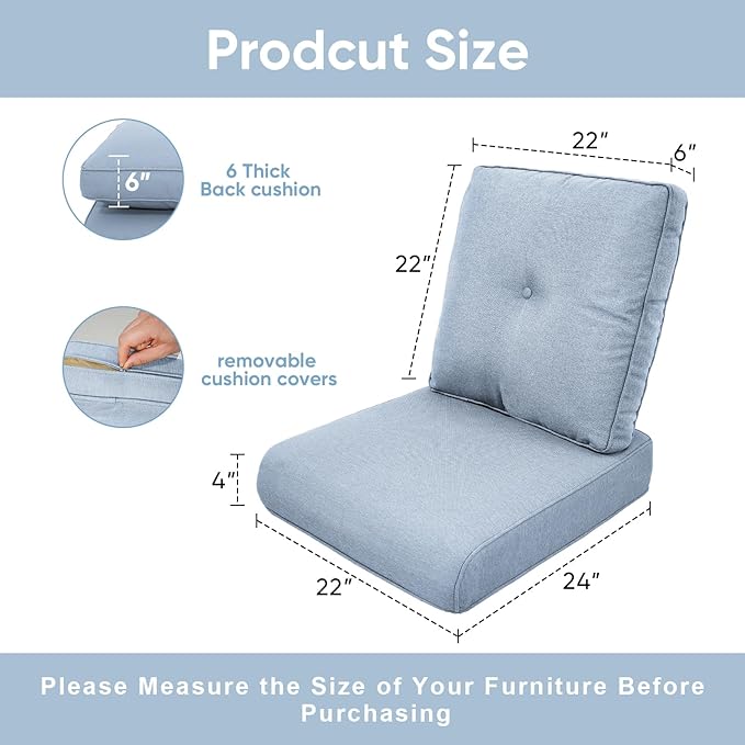 Patio Chair Cushions 6 Packs - Outside High Back Thick Cushion 22x24 for Outdoor Glider Rocking Chairs Loveseat 3-Seater Couch Sofa – Baby Blue/Buckle