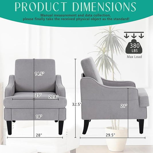 Modern Accent Chairs Set of 2 Upholstered Reading Chair for Bedroom with Side Pockets Comfy Living Room Chairs Living Room Armchair for Office, Apartment (Grey)