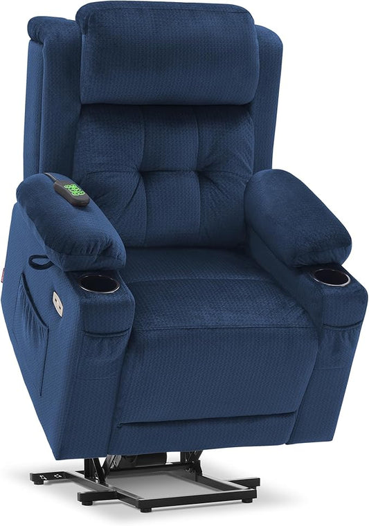 MCombo Medium Triple Motor Power Lift Recliner Chair with Massage and Heat for Elderly People, Adjustable Headrest, Infinite Position, USB Ports, Fabric 7661 (Navy Blue, Medium)