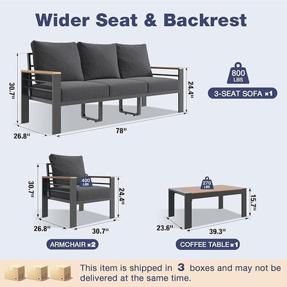Aoxun Aluminum Patio Furniture Set 5 Seats, Oversized Outdoor Sectional with Washable Thick Cushions, Coffee Table, Patio Conversation Sets for Porch, Balcony, Deck