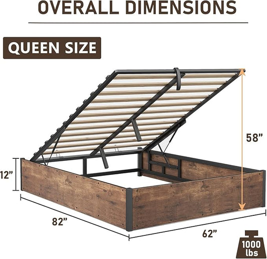 Queen Size Lift-Up Storage Platform Bed Frame, Metal Bed Frame with Wooden Slats Support, Spacious Underneath Storage, No Box Spring Required, Noise-Free, Rustic Brown