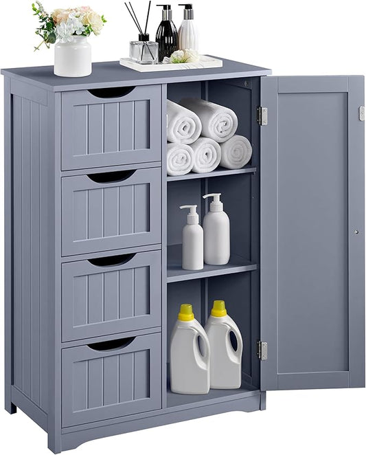 Yaheetech Bathroom Floor Cabinet, Freestanding Storage Organizer Unit Kitchen Cupboard W/ 4 Drawers & Adjustable Shelves, Using for Kitchen/Bathroom, Gray