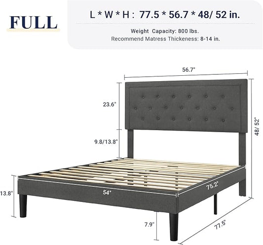 Allewie Full Size Button Tufted Platform/Fabric Upholstered Bed Frame with Adjustable Headboard/Wood Slat Support/Mattress Foundation/Dark Grey (Full)