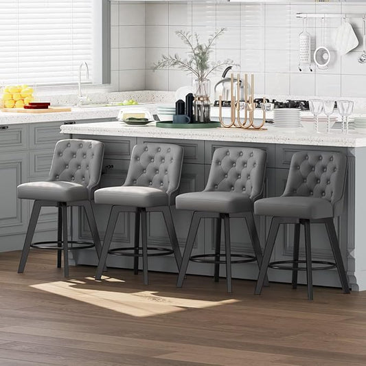 MINCETA Bar Stools Set of 4, PU Leather Barstools, 26 Inch Upholstered Counter Stools with Low Tufted Back and Footrest, Swivel Counter Height Barstools for Kitchen Island Home Bar Dark Gray